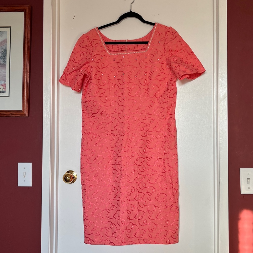 Coral Pink Short Sleeve Pencil Cut Dress With Delicate Pearl and Appliqué Design